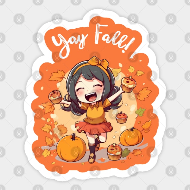 Fall for Our Adorable Chibi Art - Cute and Cozy Autumn Vibes, Yay FALL (White Letters) Sticker by HalloweeenandMore